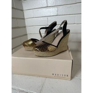 Madison 7 Gold‎ Sequin Espadrille Wedge Heels Ankle Strap Carrie Bradshaw Style